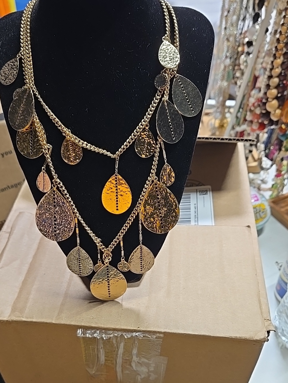 White House Black Market Gold Leaf Layered Teardrop Charm Necklace